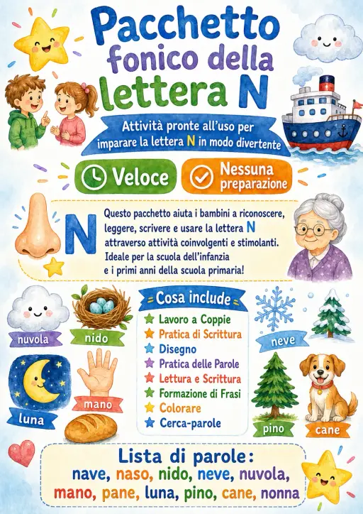 Italian Letter N Phonics Worksheets Pack