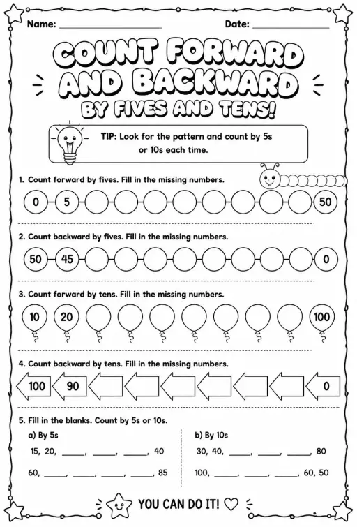 Count forward and backward by fives and tens
