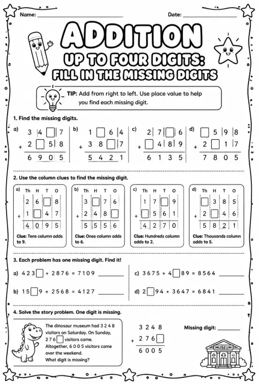 Addition up to four digits: fill in the missing digits