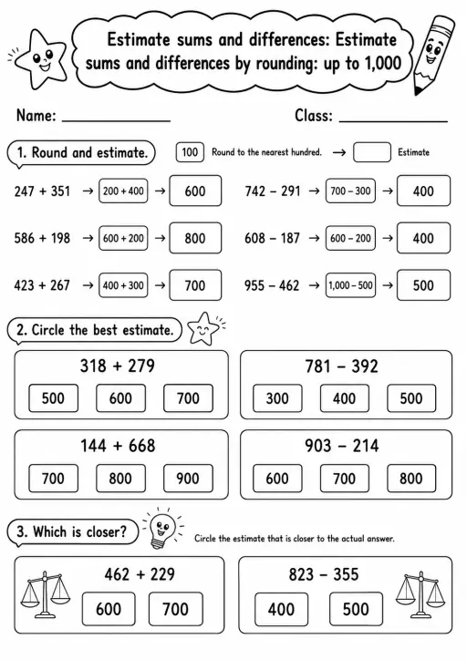 Grade 3 Estimate Sums And Differences Math Worksheet Pack