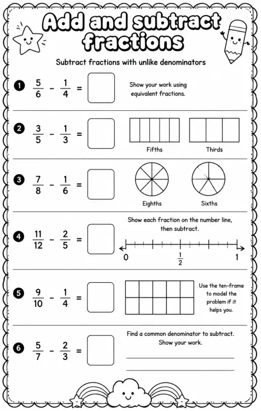 Subtract fractions with unlike denominators