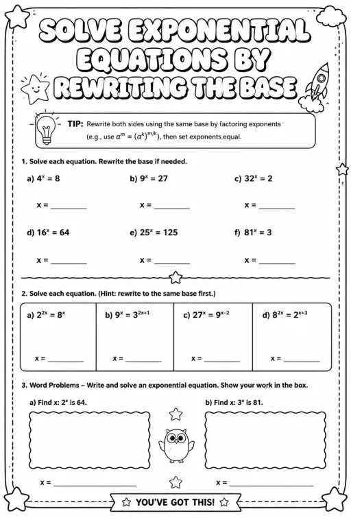 Solve exponential equations by rewriting the base