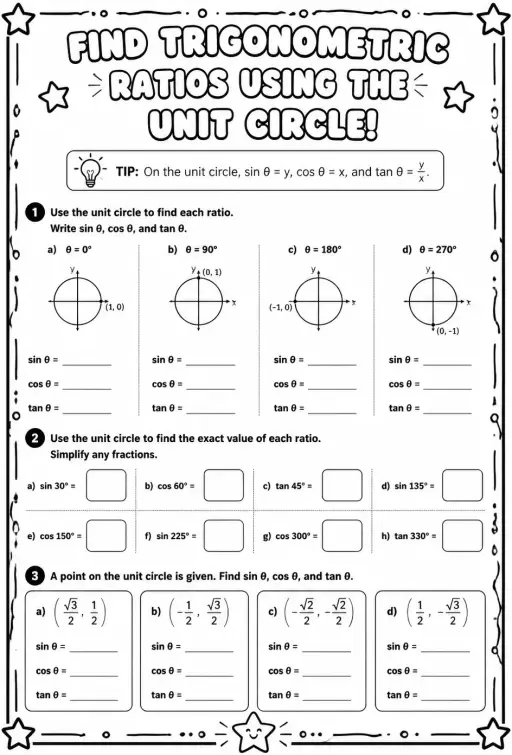 Find trigonometric ratios using the unit circle
