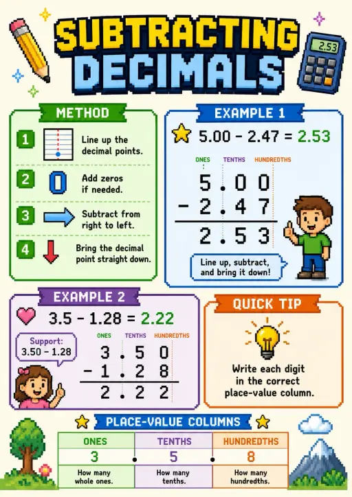 Subtracting Decimals Decimals and Percent Infographic
