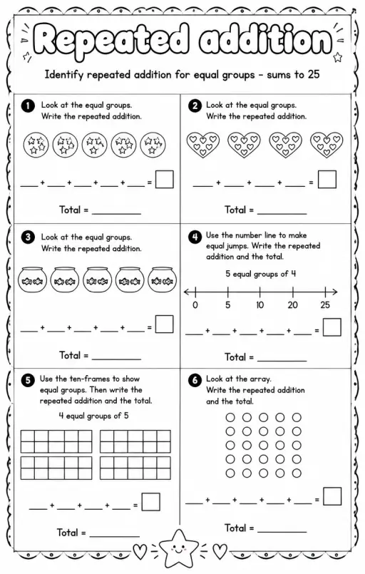 Identify repeated addition for equal groups - sums to 25
