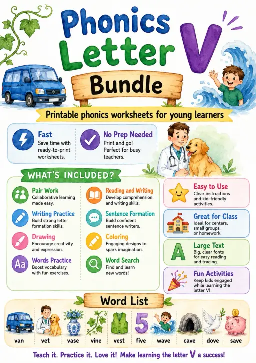 Letter V Phonics Worksheets Pack
