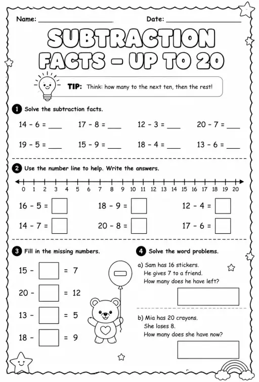 Subtraction facts - up to 20
