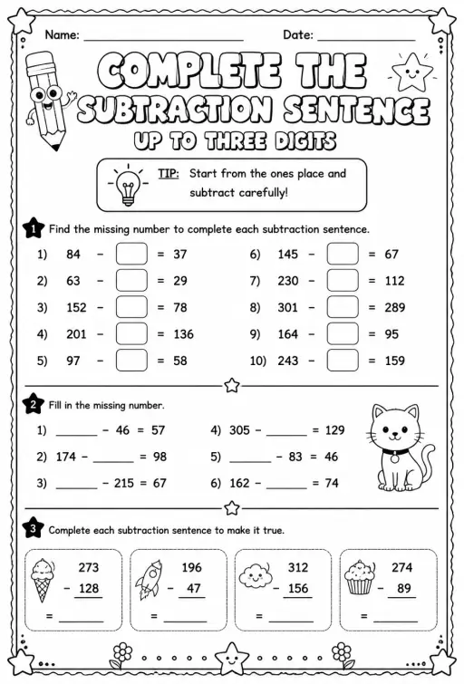Complete the subtraction sentence - up to three digits