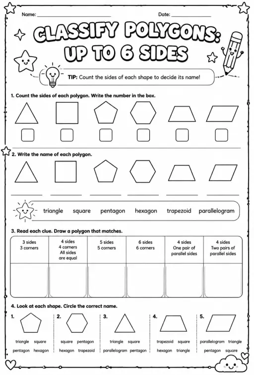 Classify polygons: up to 6 sides