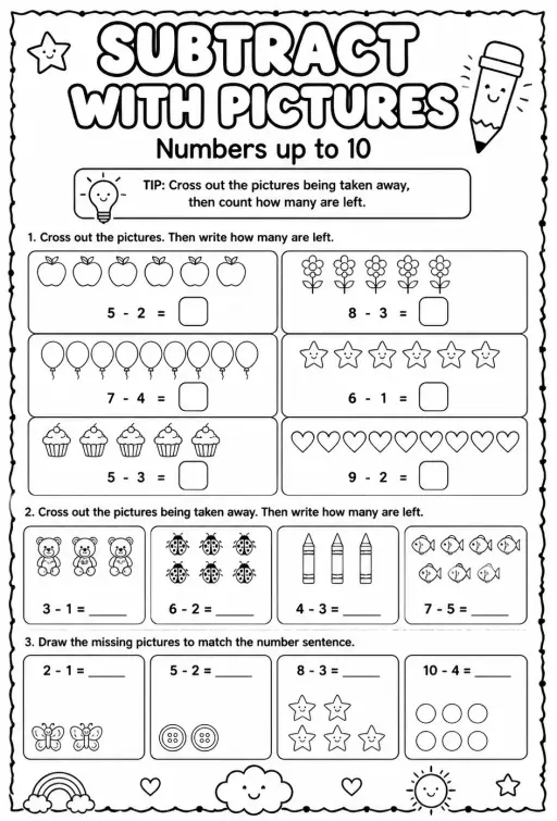 Subtract with pictures - numbers up to 10