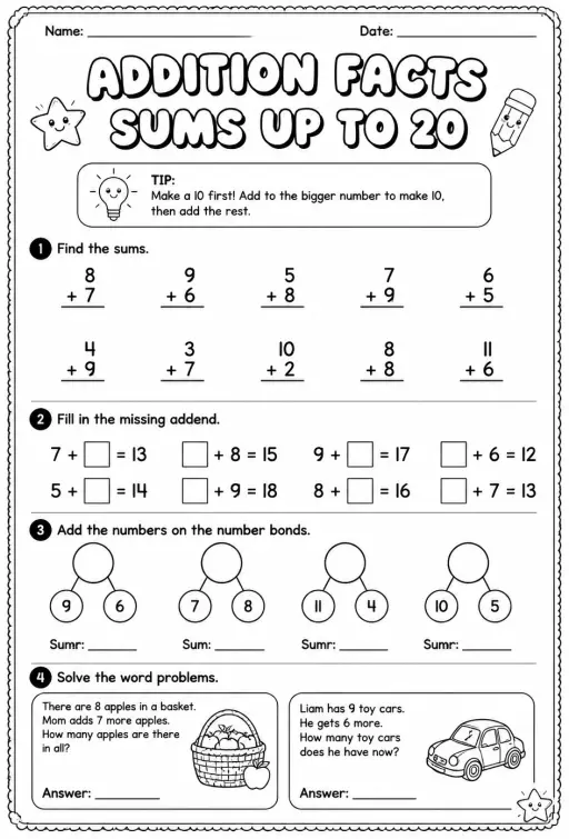 Addition facts - sums up to 20