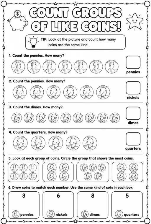 Count groups of like coins: pennies, nickels, dimes, or quarters