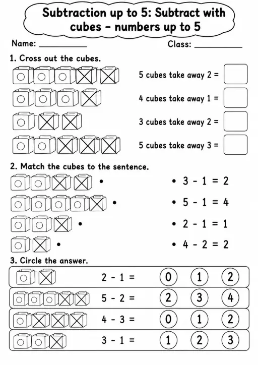 Kindergarten Subtraction up to 5 Math Worksheet Pack