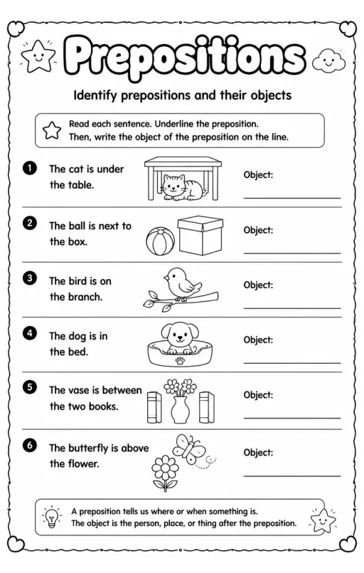 Identify prepositions and their objects