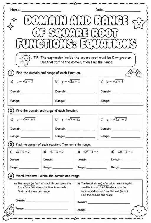 Domain and range of square root functions: equations