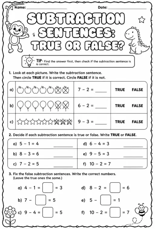 Subtraction sentences: true or false?