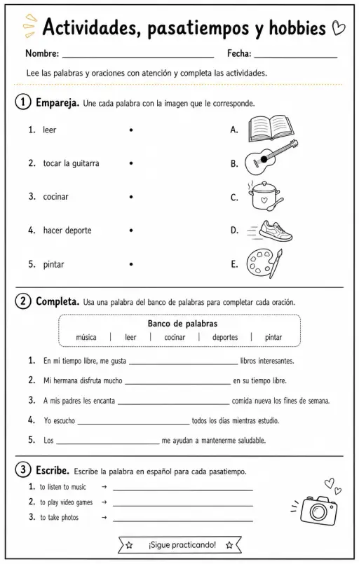 Reconocer palabras, frases o oraciones en español relacionadas con hobbies.