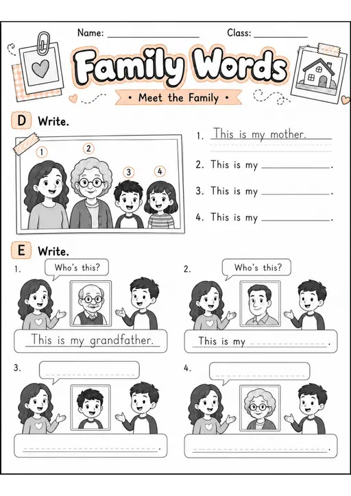 Family Words 2 | Grade 1 Vocabulary Worksheet