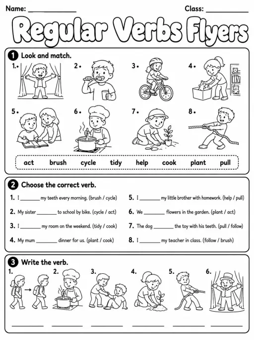 Regular Verbs Flyers Vocabulary Worksheet Pack