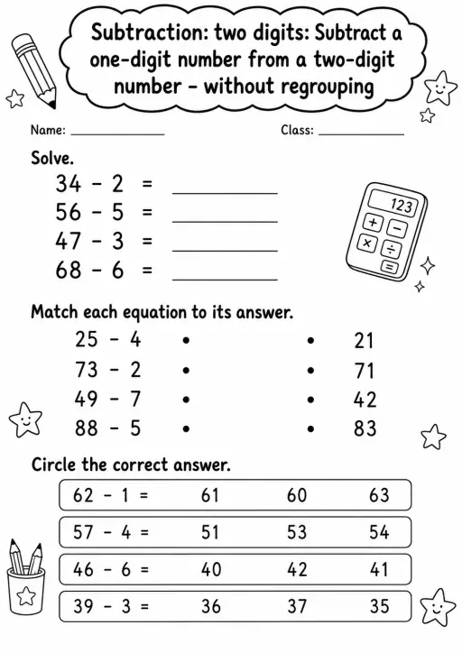 Grade 2 Subtraction: Two Digits Math Worksheet Pack