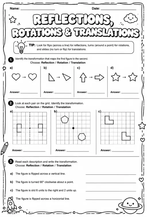 Identify reflections, rotations, and translations