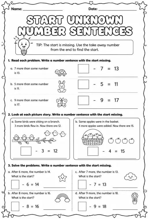 Write number sentences for word problems with start unknown - up to 20