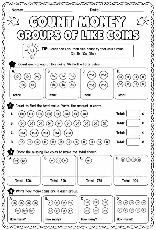 Count money - groups of like coins