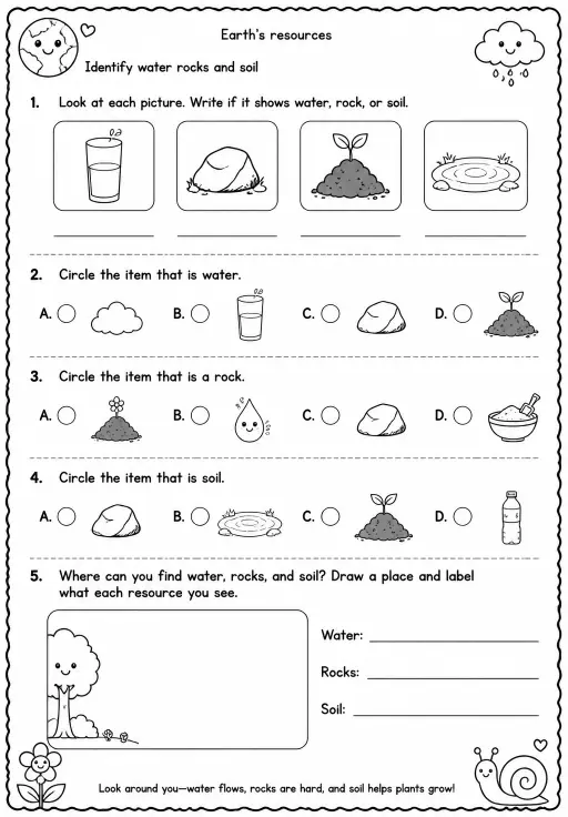 Identify water rocks and soil