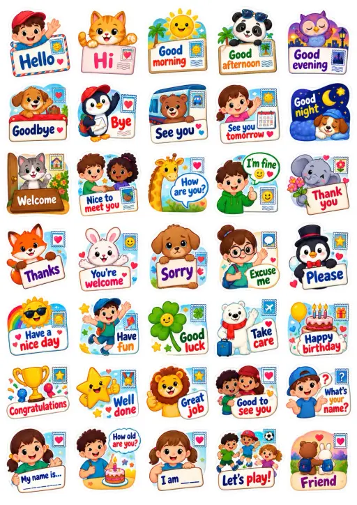 Basic Greetings Phrases English Vocabulary Stickers