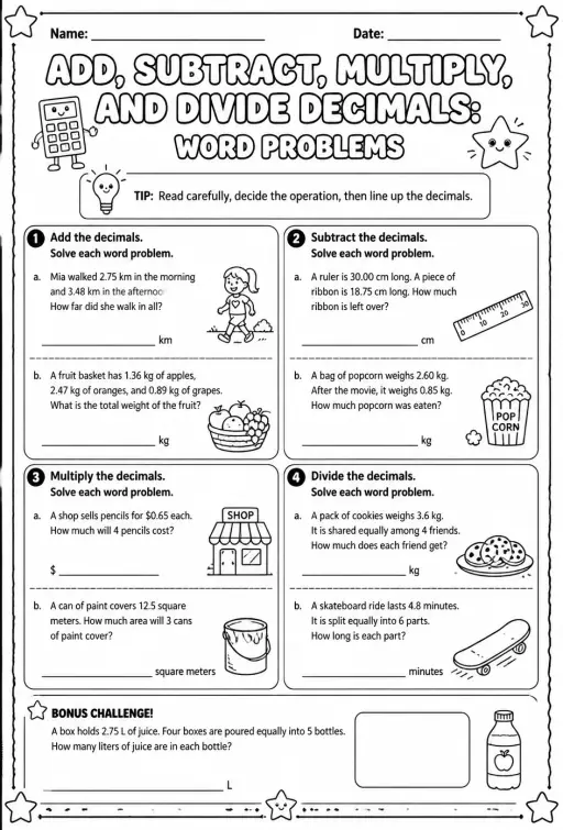 Add, subtract, multiply, and divide decimals: word problems
