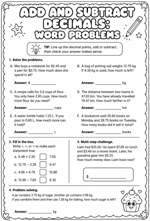 Add and subtract decimals: word problems
