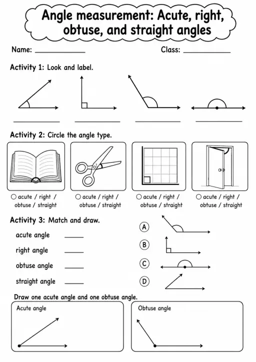 Grade 4 Angle Measurement Math Worksheet Pack
