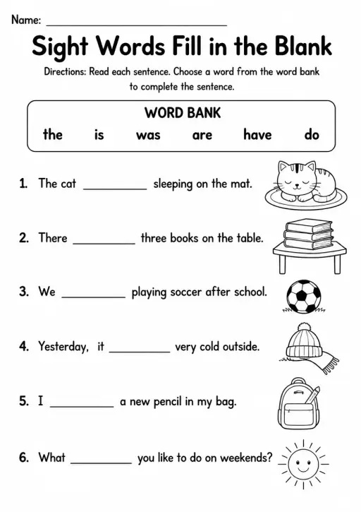 Sight Words Fill in the Blank — Grade 3