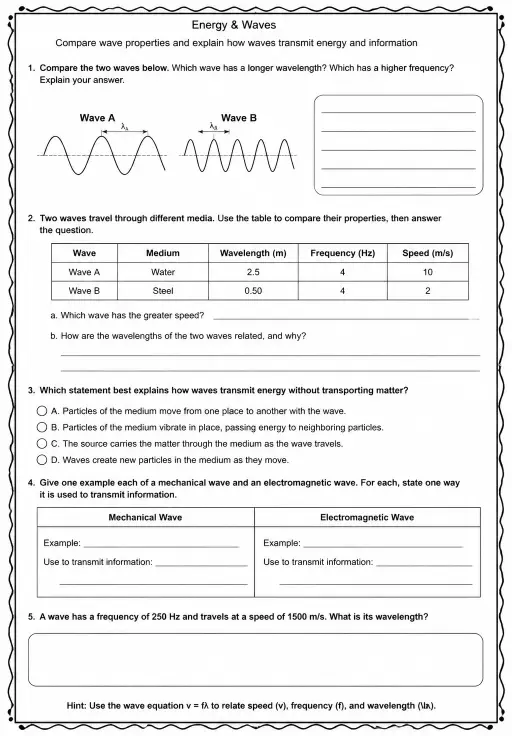Compare wave properties and explain how waves transmit energy and information