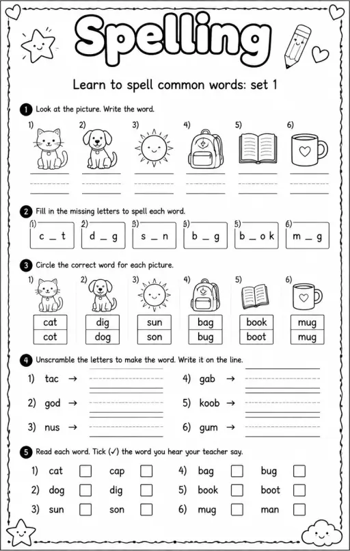 Learn to spell common words: set 1