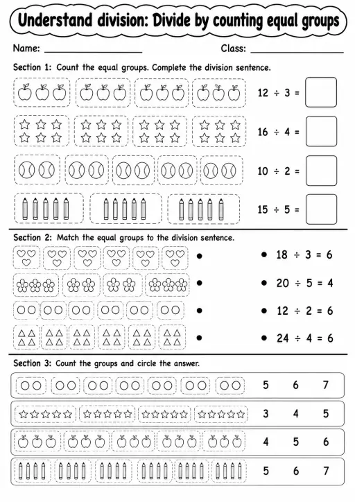 Grade 3 Understand Division Math Worksheet Pack