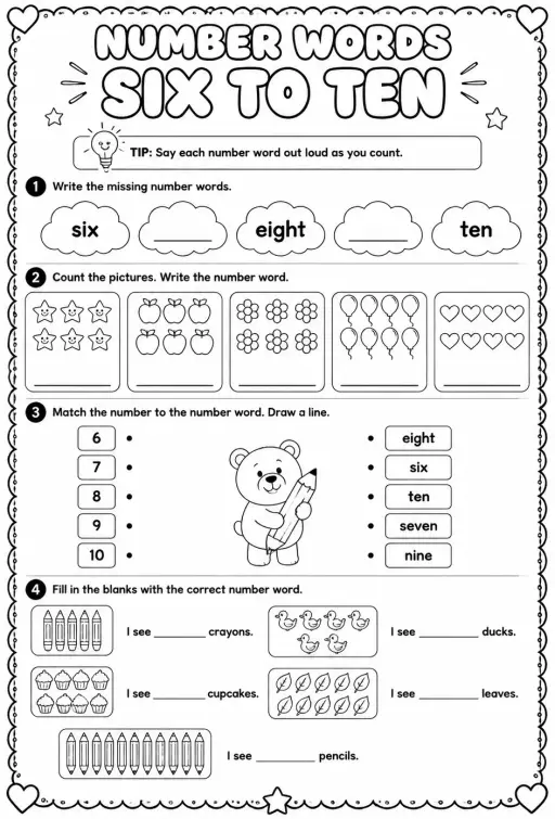 Use number words: six to ten