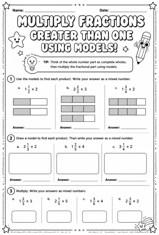 Multiply fractions greater than one using models