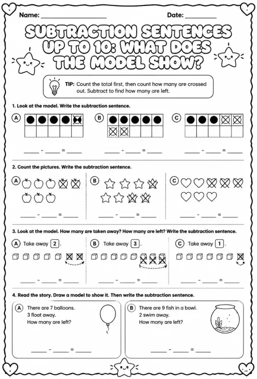 Subtraction sentences up to 10: what does the model show?