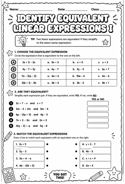 Identify equivalent linear expressions I