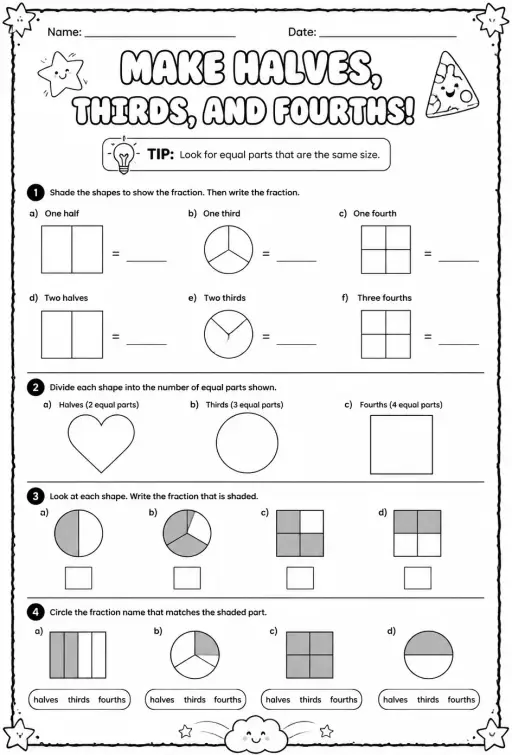 Make halves, thirds, and fourths