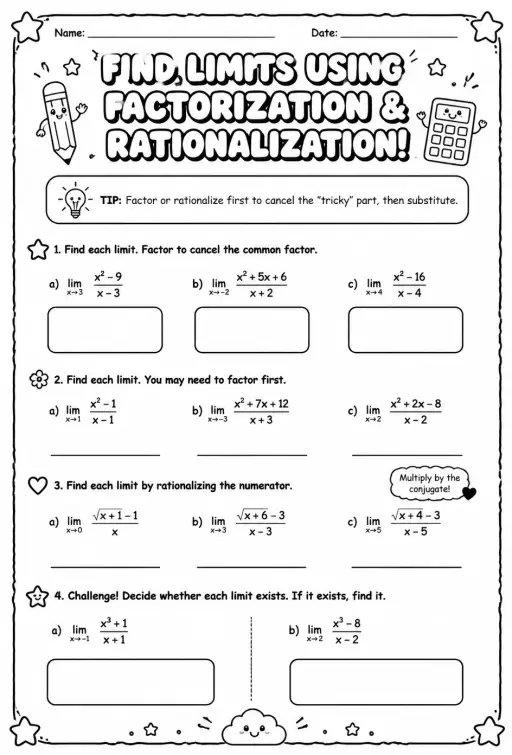 Find limits involving factorization and rationalization