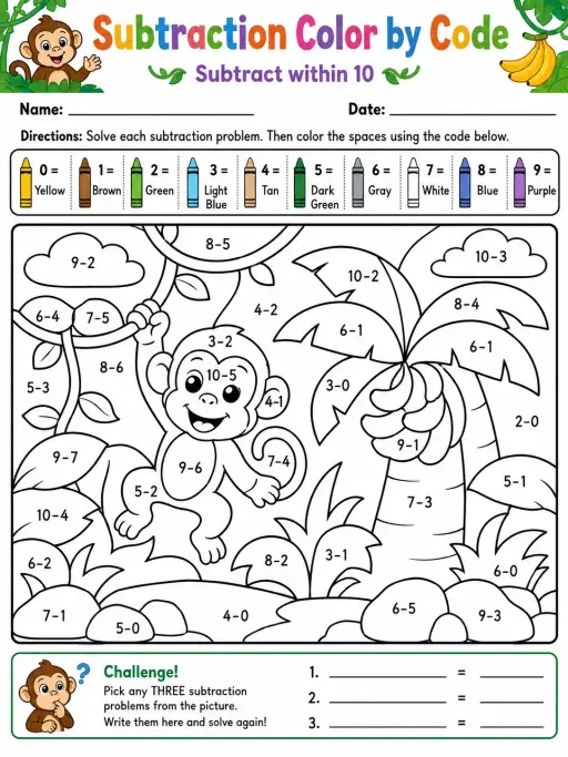 Subtraction Color by Code: Subtract within 10
