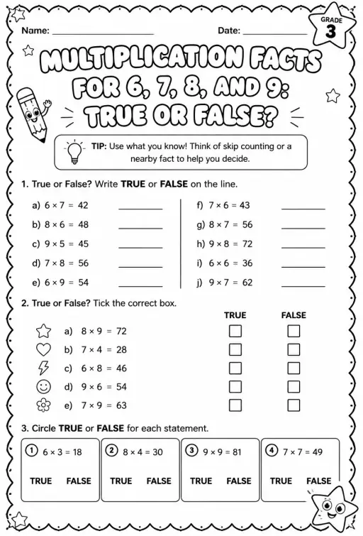 Multiplication facts for 6, 7, 8, and 9: true or false?
