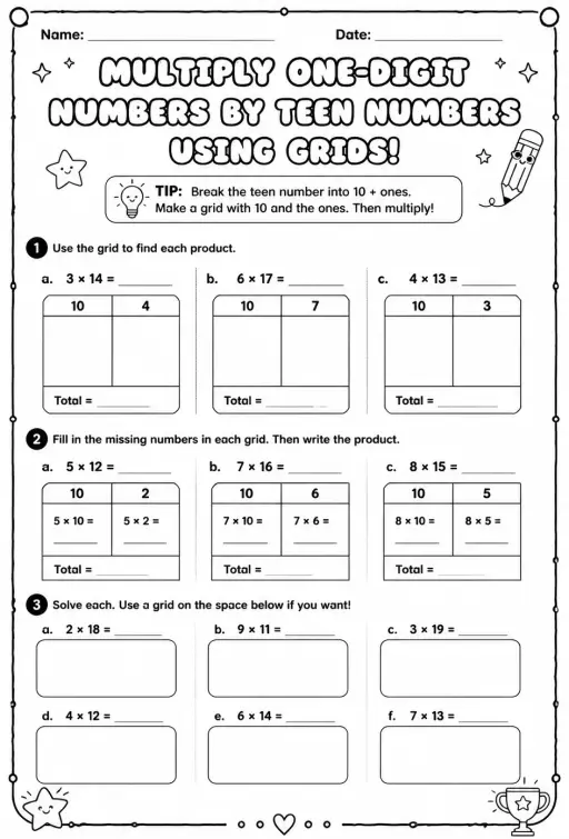 Multiply one-digit numbers by teen numbers using grids