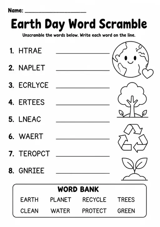 Earth Day Word Scramble — Kindergarten