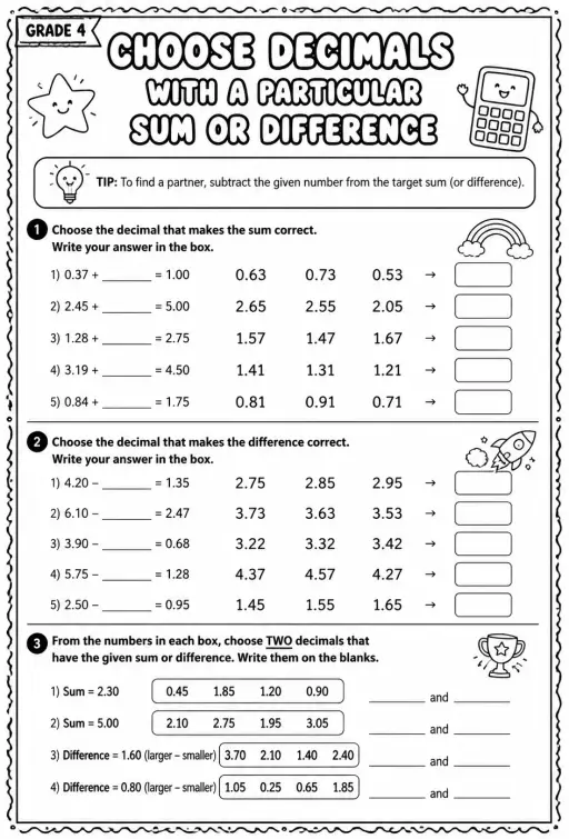 Choose decimals with a particular sum or difference