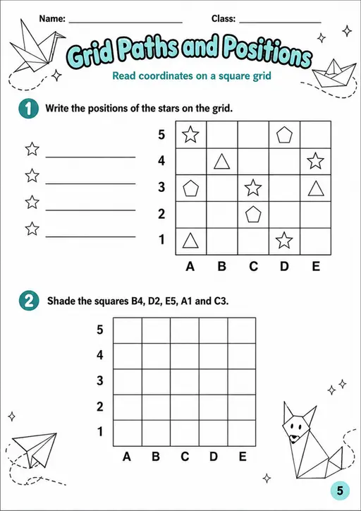 Grid Paths and Positions - Grade 3 Math Worksheet