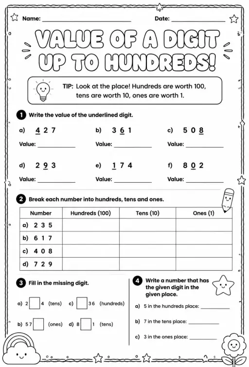 Value of a digit - up to hundreds
