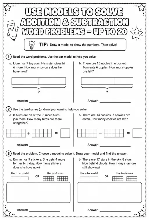 Use models to solve addition and subtraction word problems - up to 20